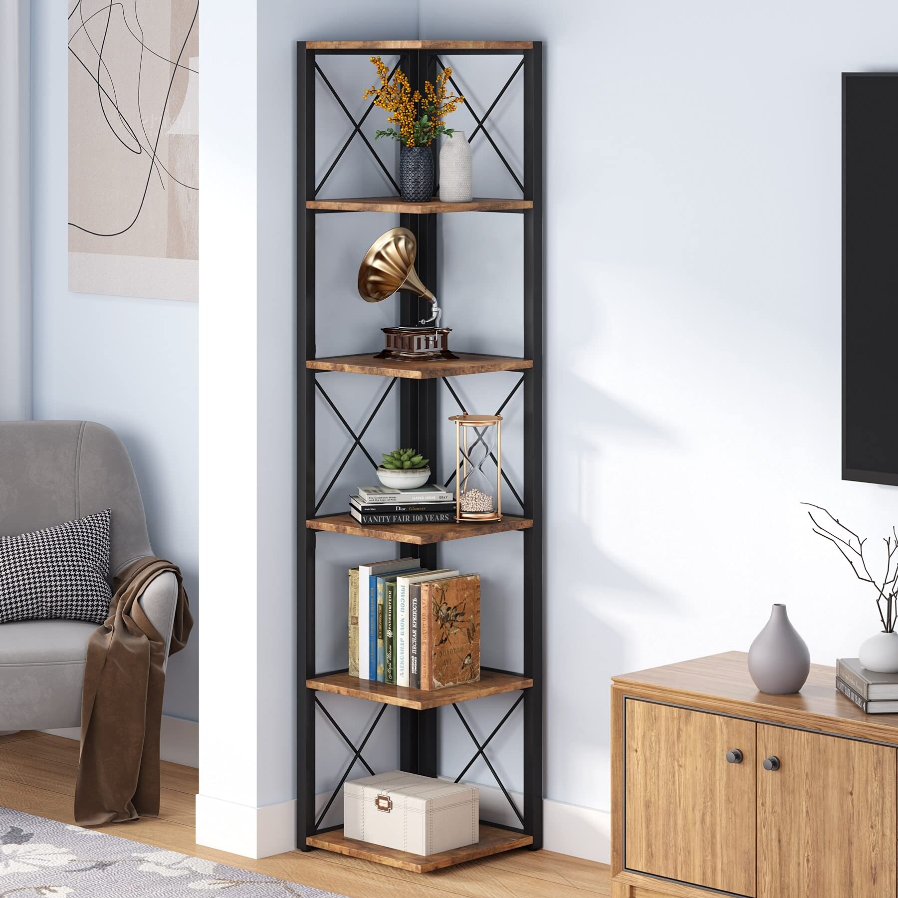 6-Tier Corner Shelf, 70.8 Inch Tall  Corner Bookshelf Etagere Bookcase for Living Room Assembly Required Brown Modern & Contemporary