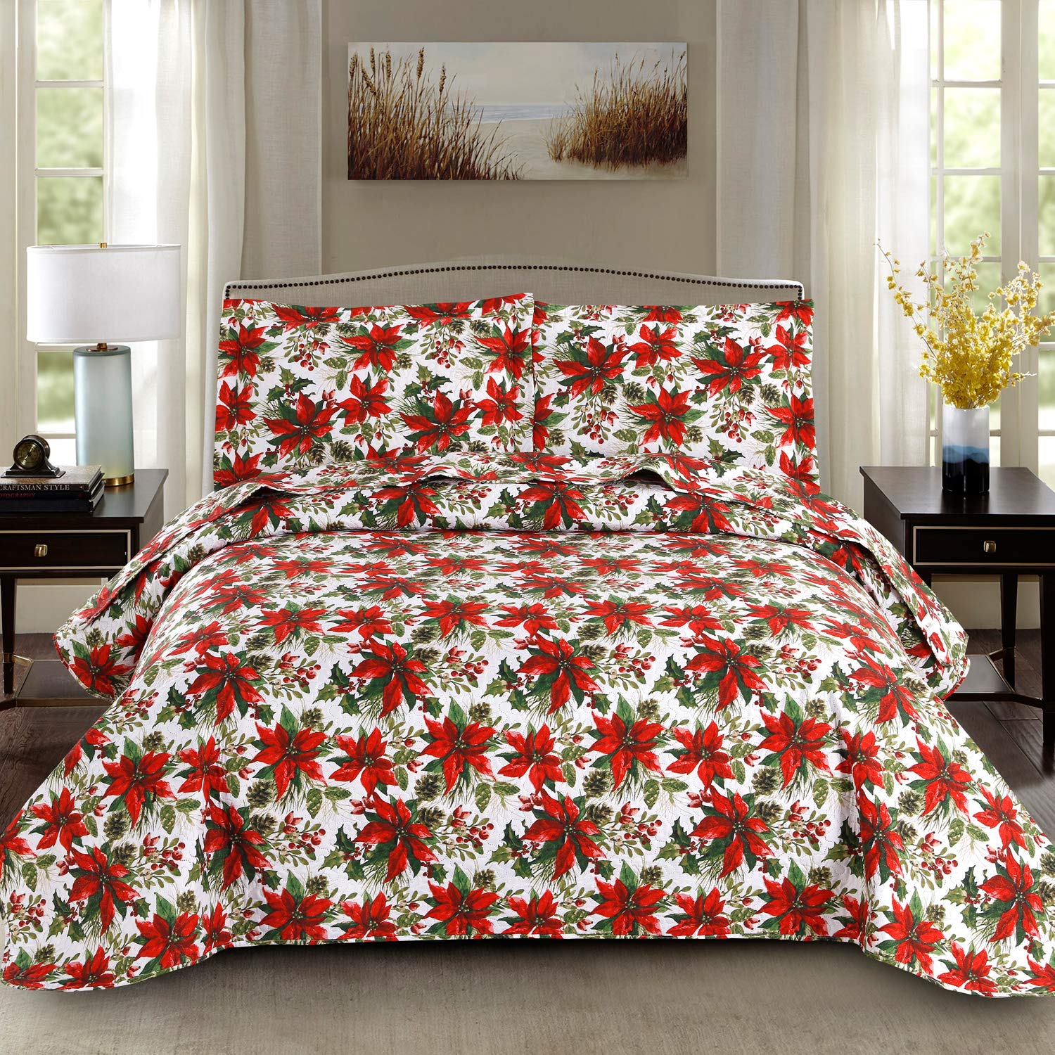 Christmas Quilt Set King Size Poinsettia Floral Bedspread Coverlet New Year Holiday Bedding Decoration Lightweight Christmas Flower Bed Set Blanket with Pillow Shams