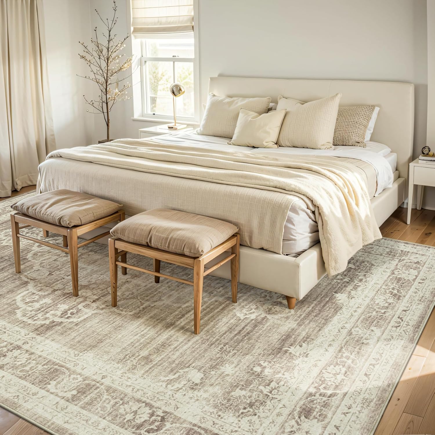 9x12 Area Rugs for Living Room Washable, Neutral Vintage Rug Large for Dining Room Bedroom Carpet Farmhouse Non Slip Low Pile Pet Friendly Area Rug 9 by 12 Indoor - Beige