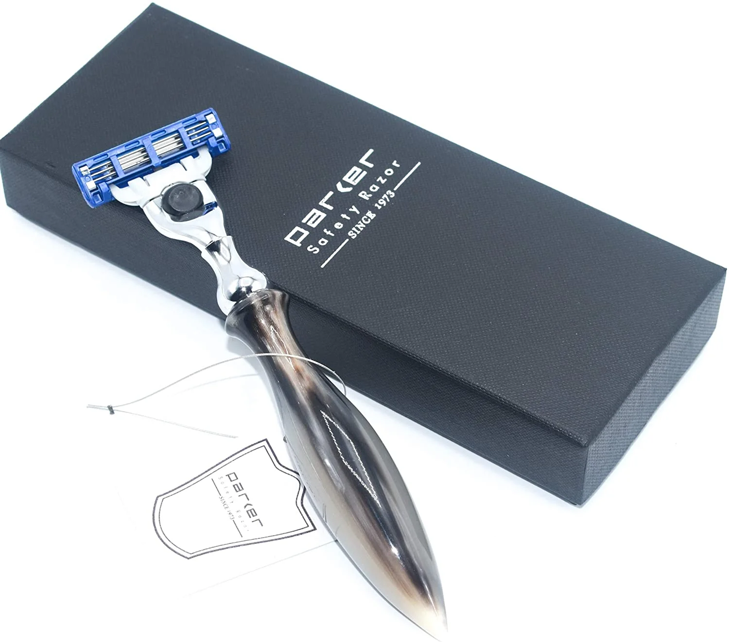 Parker Safety Razor, 50M Genuine Ox Horn Mach 3 – 1 Gillette Blade Included
