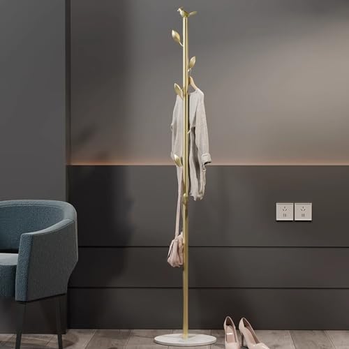 Metal Coat Rack Freestanding Coat Tree Clothes Stand with 6 Hooks,Top with Bird, Marble Base for Coats Hats Bags Purses Entryway Hallway Bedroom（Black