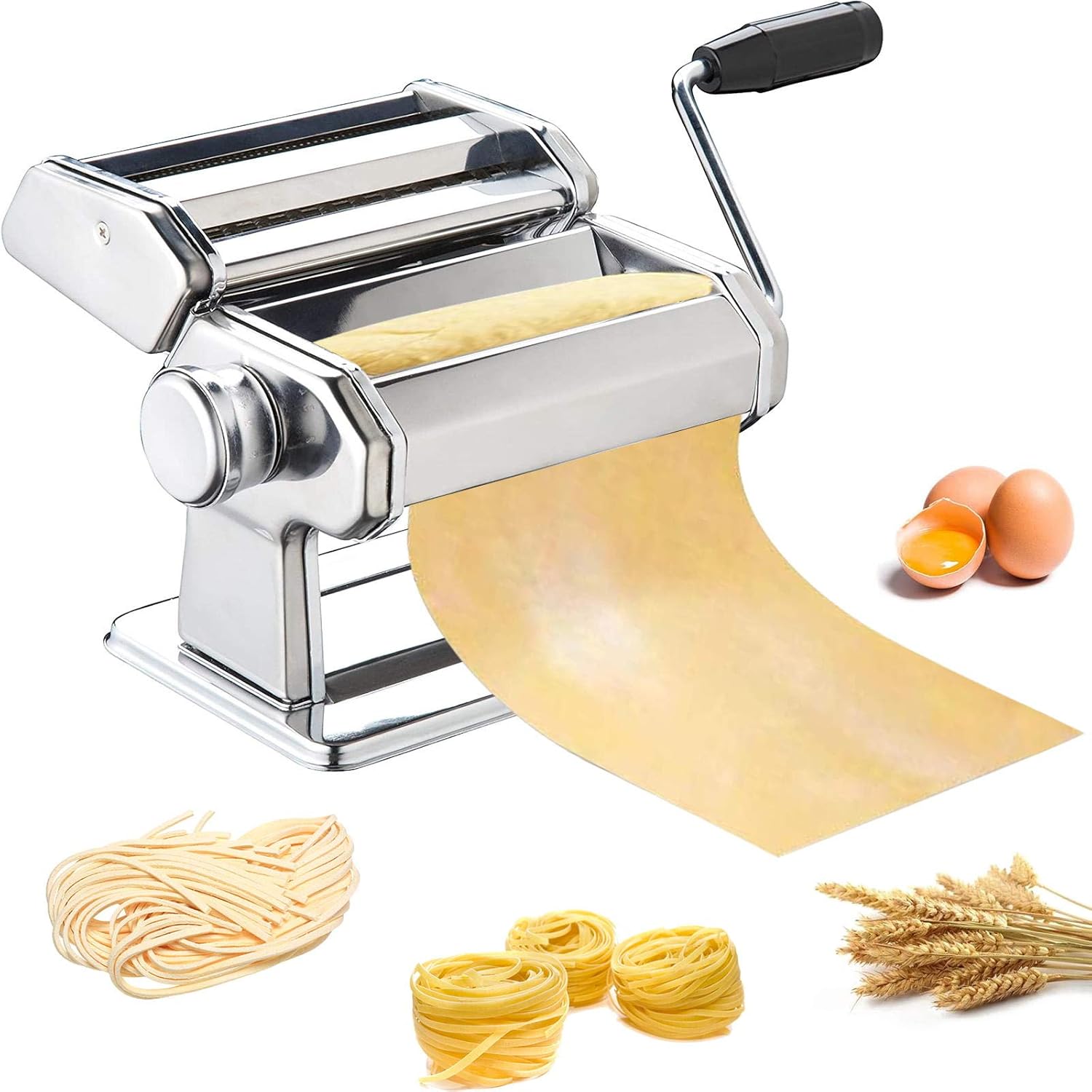 Pasta Maker, METLUCK Stainless Steel Pasta Machine Manual Roller Pasta Maker with 7 Thickness Settings for Spaghetti Linguine Fettuccine Lasagne, Includes Dough Cutter & Hand Crank