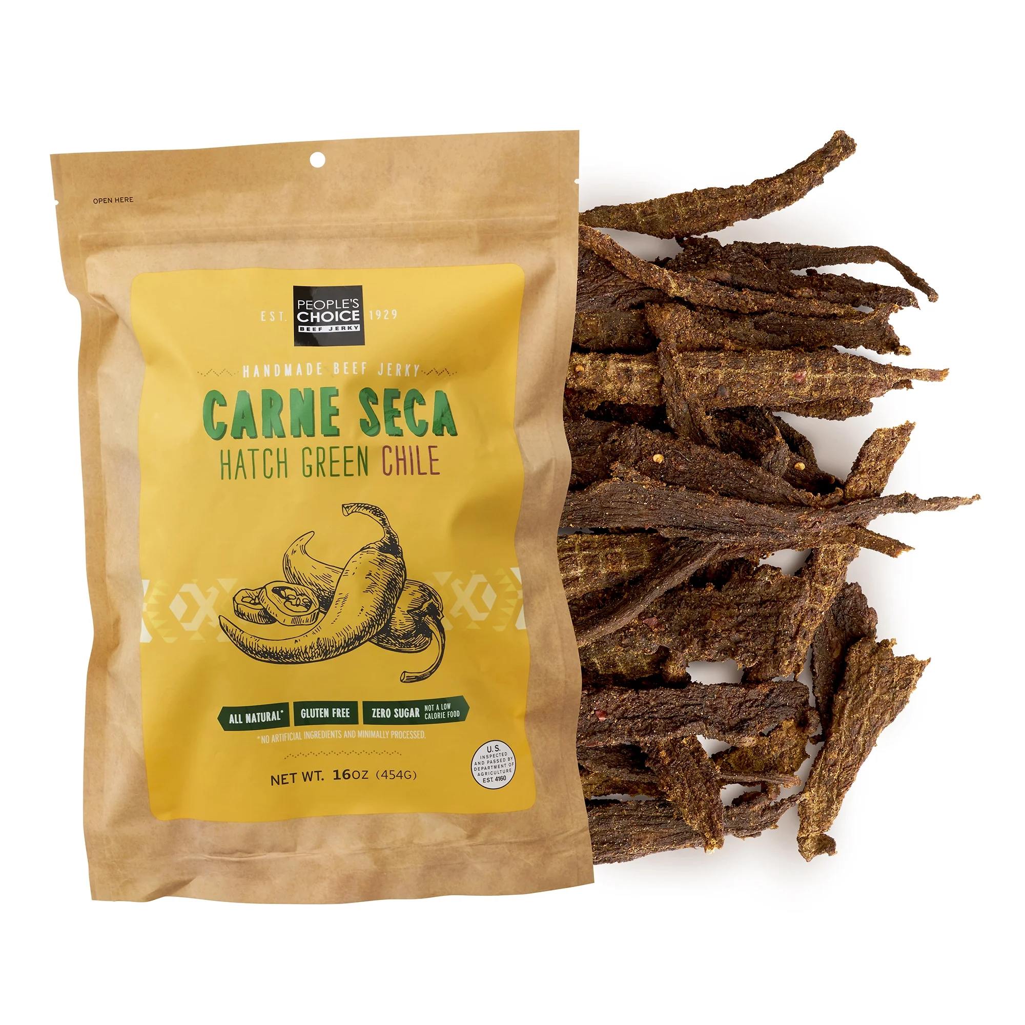 People's Choice Beef Jerky - Carne Seca - Hatch Green Chile - Sugar Free - Dry Style - 1 Pound, 16 oz - 1 Bag