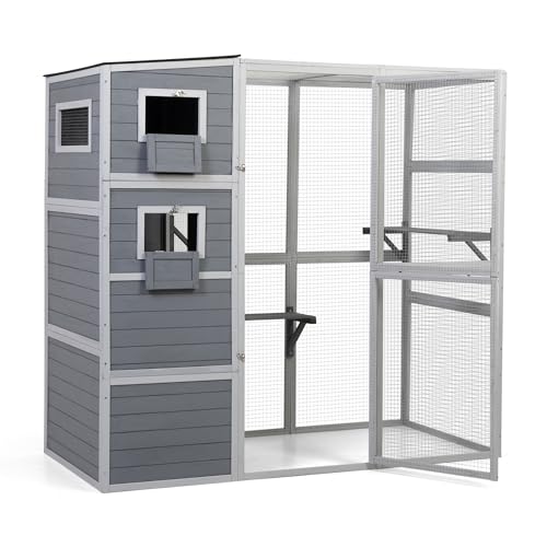 Outdoor Catio, Large Cat Enclosure House Weatherproof, 2 Resting Rooms, 4-Tier Cat Cage Catio for Cats w/ 2 Platforms, Wood