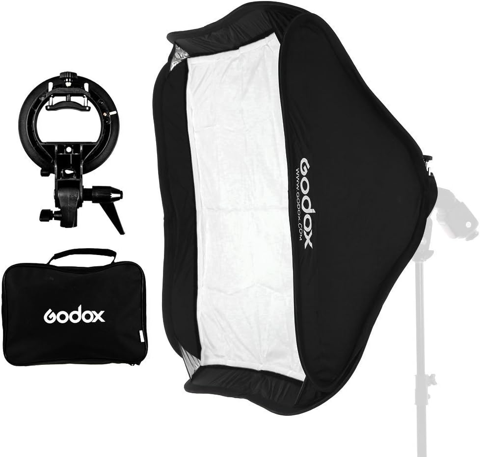 Godox Foldable Softbox 60cm x 60cm 24x24 inchs Bowen Mount S-Type Bracket with Carrying Bag for Outdoor Wedding Shooting Professional Photograph Camera Flash Lighting Kit