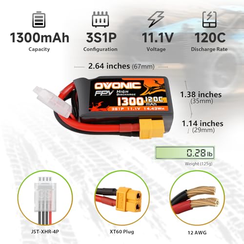 OVONIC Lipo Battery 11.1V 120C 1300mAh 3S RC Battery with XT60 Plug for FPV Racing Drone Quadcopter Helicopter Airplane RC Boat RC Car RC Models(2 Pack)