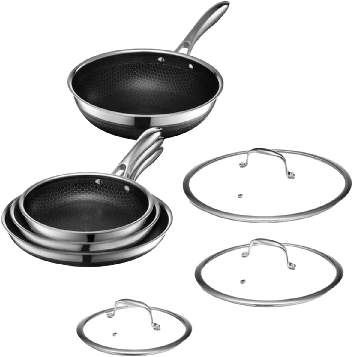 HexClad 7-Piece Hybrid Stainless Steel Cookware Set with Lids and Wok - Metal Utensil and Dishwasher Safe, Induction Ready, Easy to Clean Non Stick Fry Pan with Covers