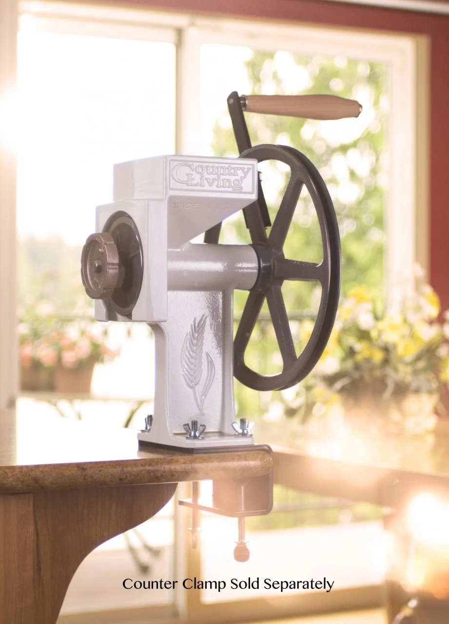 Country Living Hand Grain Mill, Solid I-Beam Construction From Cast Aircraft Aluminum, Double Industrial Sealed Bearings, Stainless Steel Shaft, And Carbon Steel Grinding Plates