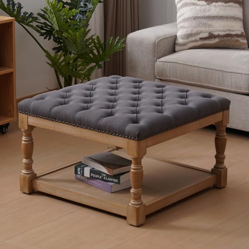 33-inch Large Square Ottoman Coffee Table with Storage Shelf and Solid wood Legs - Button Tufted Upholstered Linen Ottoman stool for Living room，Office, Bedroom, Farmhouse (Beige)