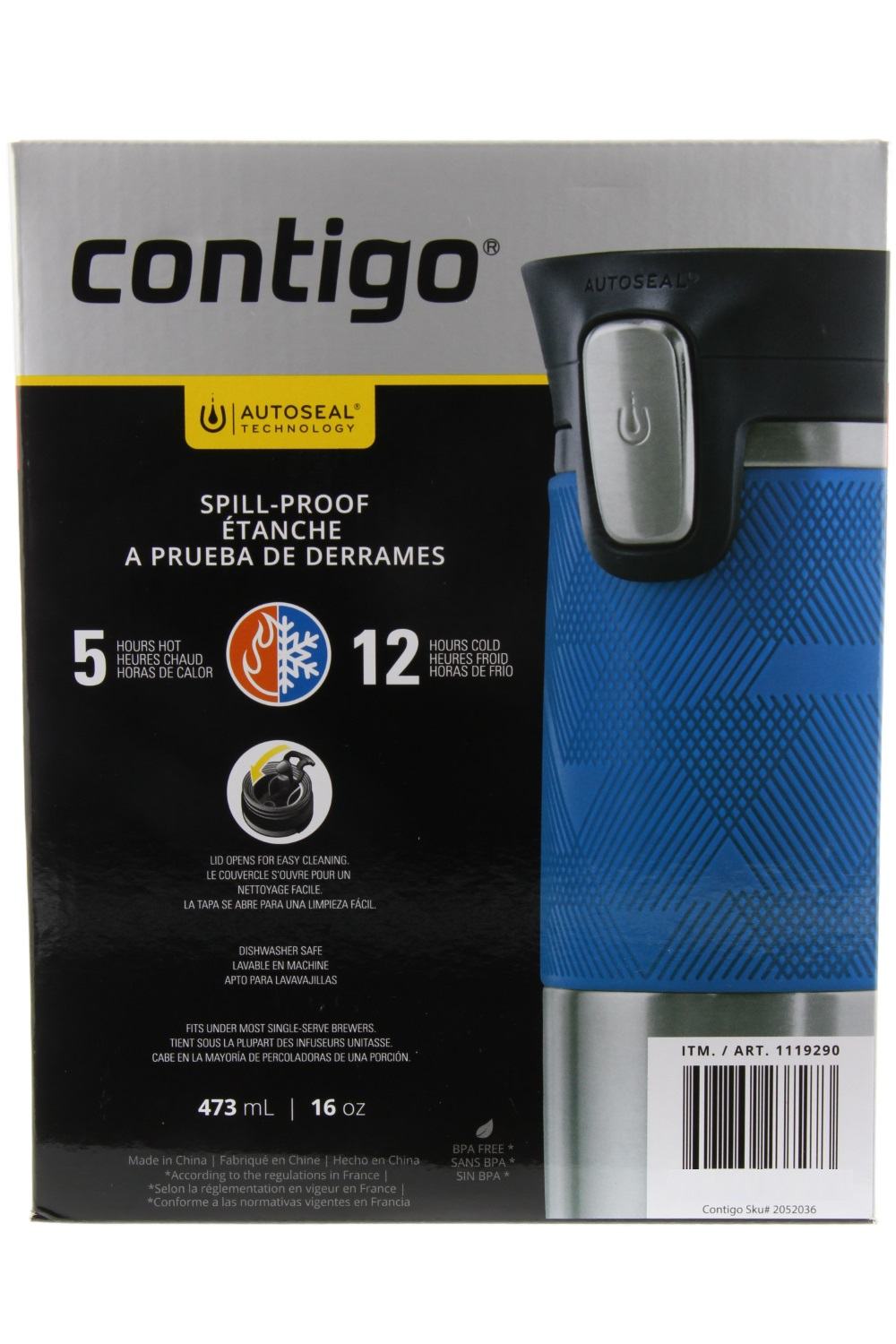 Contigo Autoseal Stainless Steel Spill-Proof Travel Mug, 16oz- Stock Blue & Gray (2 Pack)