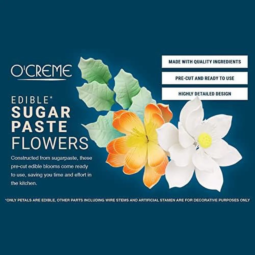 garden  gumpaste flower set - white edible flowers for cake decorating - sugar paste flower decorations for cakes, candy, cupcake toppers - birthday, wedding, valentines day, baby shower