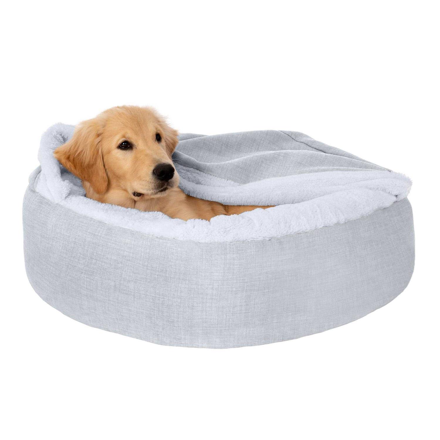 FurHaven Pet Products Plush & Performance Linen Hooded Donut Pet Bed for Dogs & Cats - Pet Supplies online store