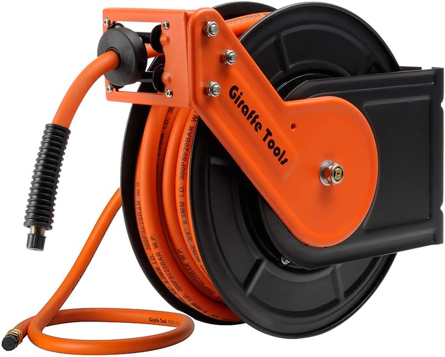 Giraffe Retractable Air Hose Reel Wall Mount with 3/8 in. x 50 FT Hybrid Hose, Pneumatic Heavy Duty Steel Reel Auto Rewind 300PSI