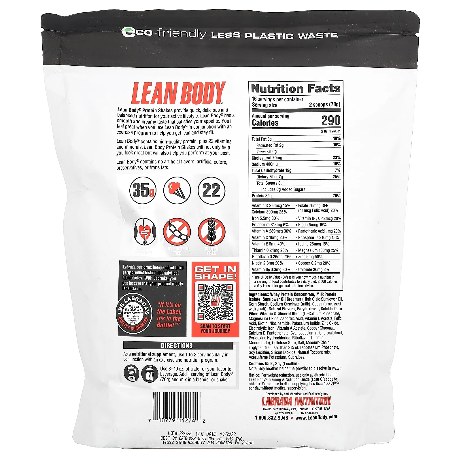MRP Lean Body Protein Powder, Chocolate, 35g Protein, 2.47 Lb