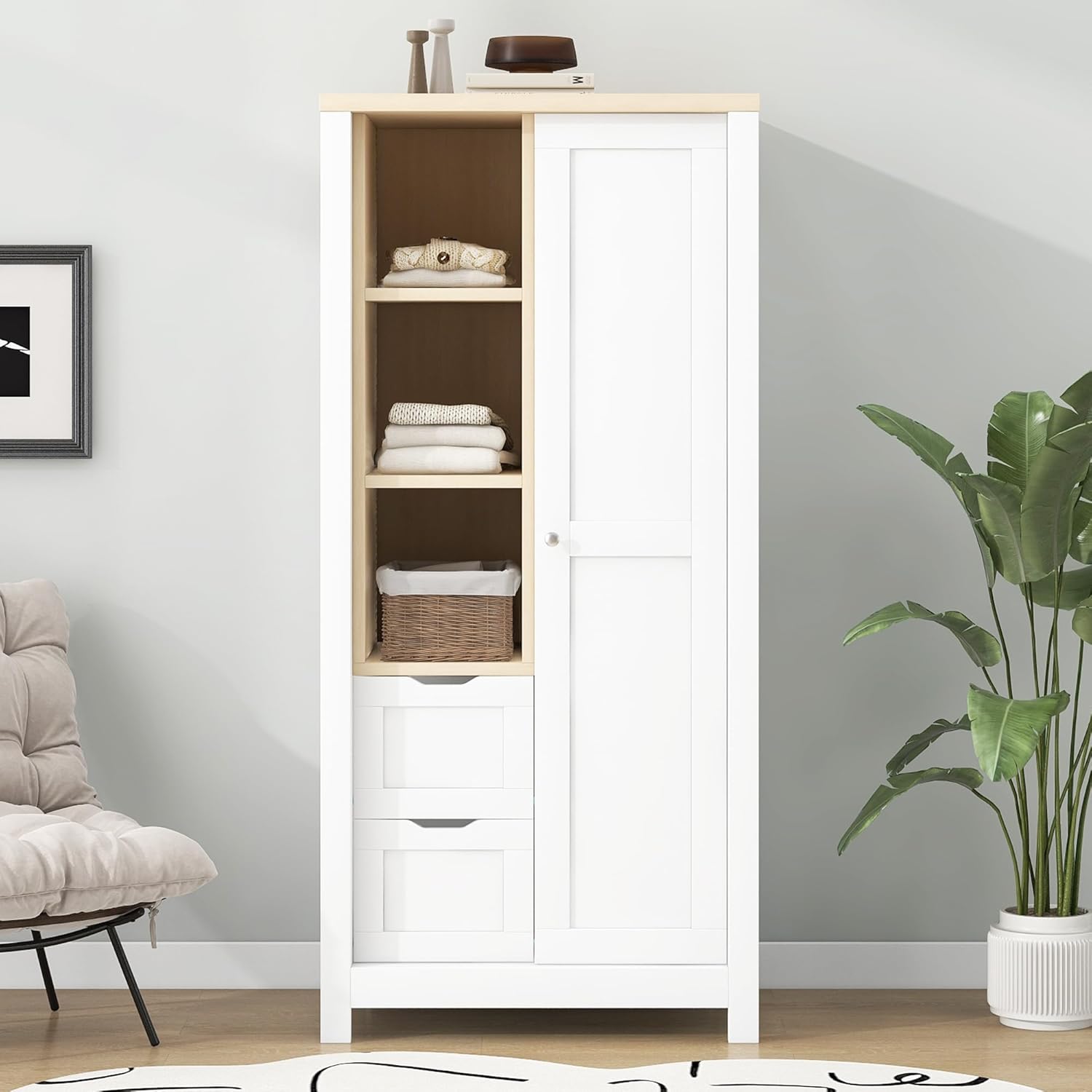 68.30 inch Wardrobe Closet Organizer with 2 Drawers, Open Shelves and Hanging Rods Slim Wooden Armoire Sliding Door Functional Clothes Storage Cabinet for Bedroom, White