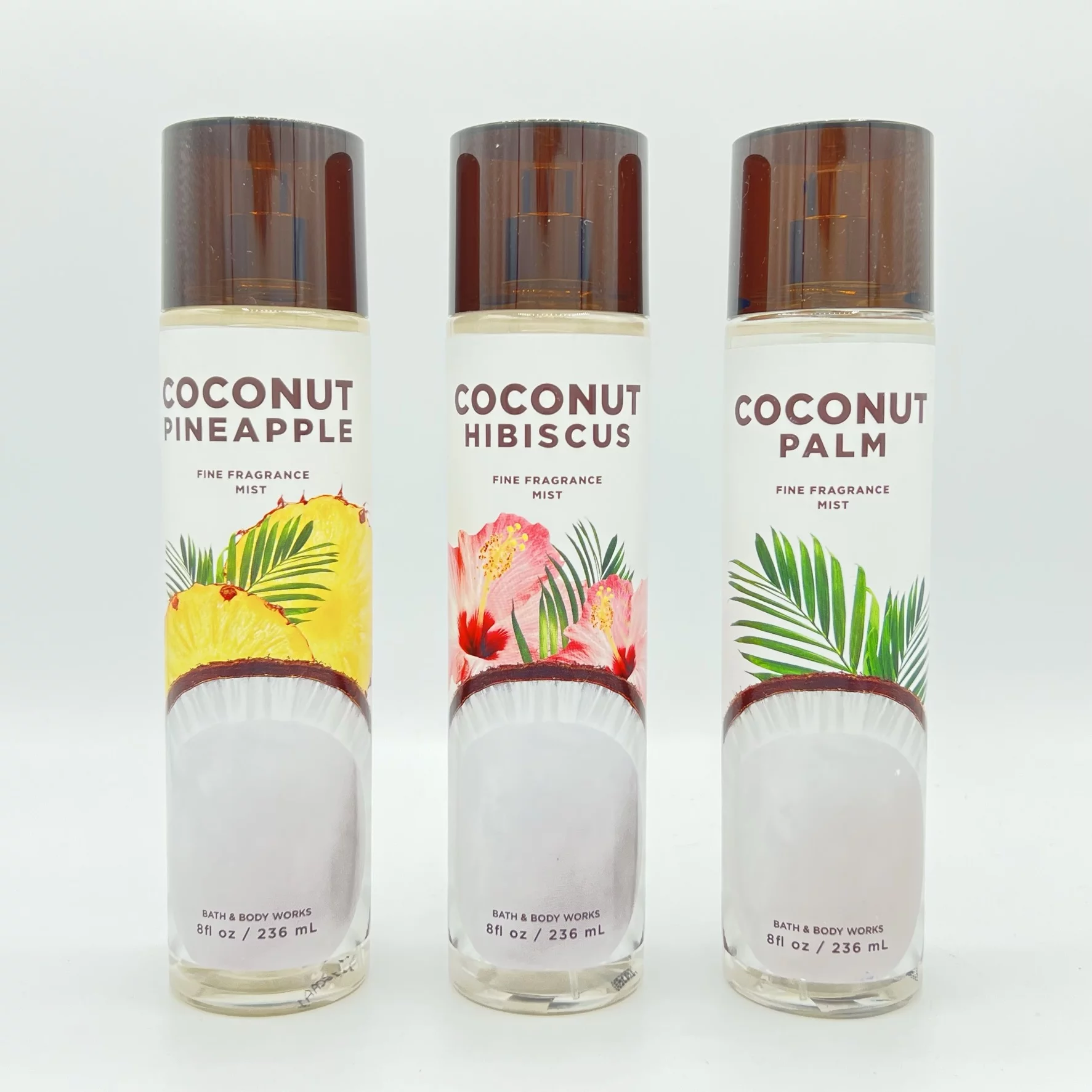 Bath & Body Works Coconut Fine Fragrance Mist Collection 8oz Full Size Trio Pineapple, Hibiscus and Palm