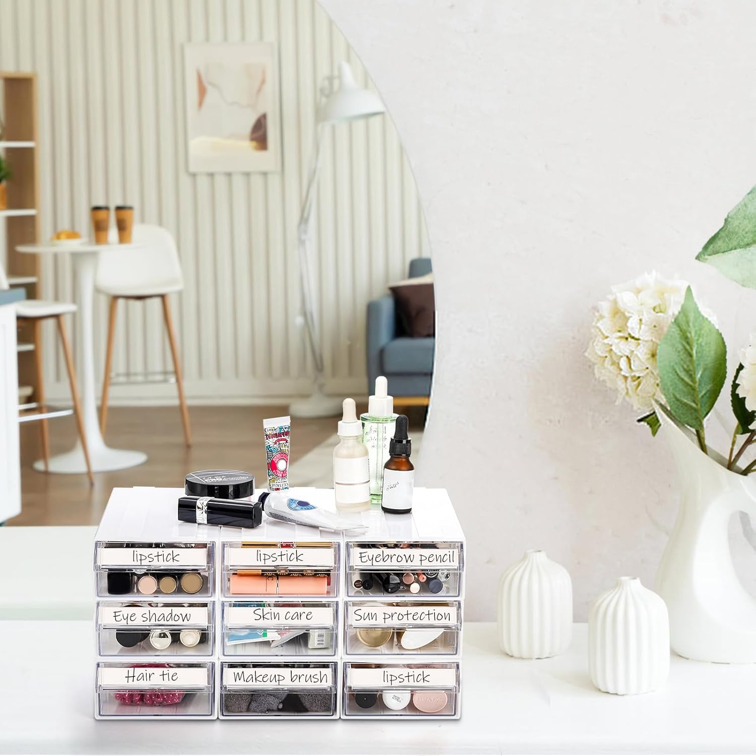 9 Pack Drawer Stacking Storage Cabinet, Plastic Desktop Drawer Closet, Small Parts Hardware Craft Organizer Container with 21 PCS Clear Dividers, 11 PCS Tag Cards for Mini Figure Jewelry Bead