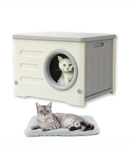 Plastic Cat House for Outdoor Indoor Use, Stackable Feral Cat Shelter Indoor Cat House Insulated Weatherproof Waterproof Elevated with Cat Bed Mat (Gray, 53x41x38.3cm)