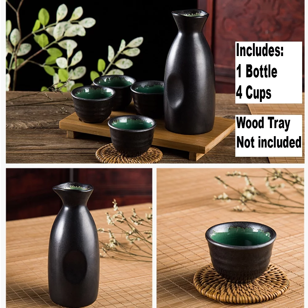 CoreLife Sake Set, Traditional 5-Piece Porcelain Ceramic Japanese Sake Set with Sake Serving Bottle and 4 Sake Cups Glossy Black / Green