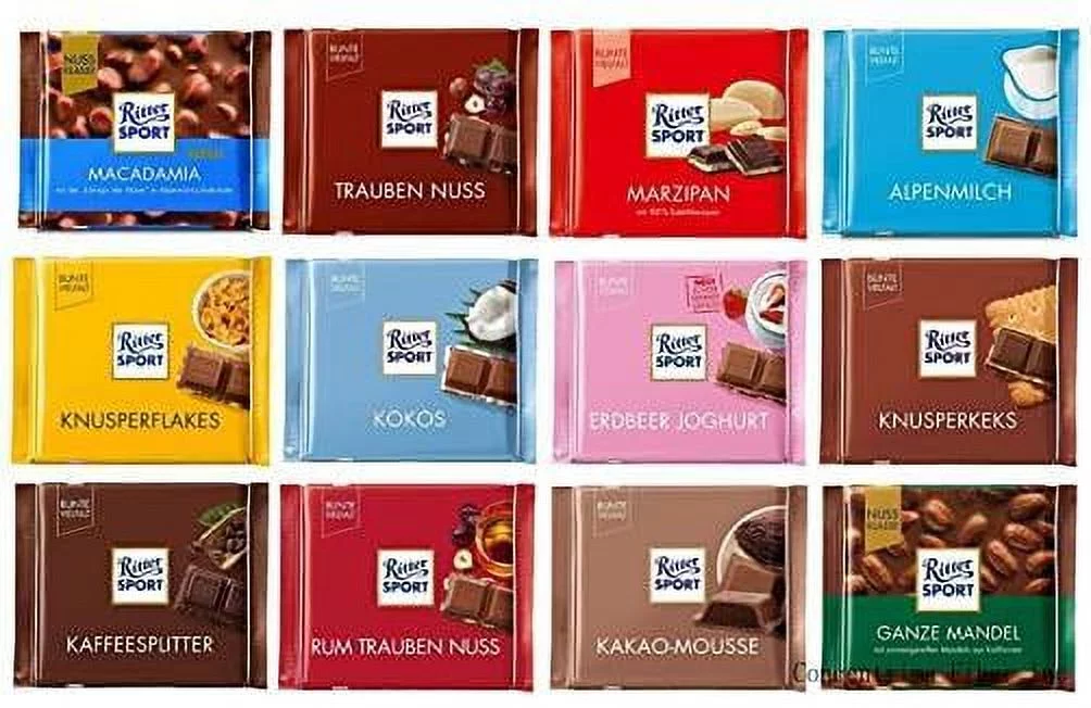 Ritter Sport Assorted Chocolates Randomly Selected Variety Pack, 100G -Bundle Of 12 Full Size Bars-