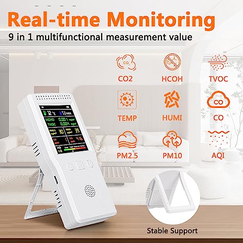 9-in-1 Air Quality Monitor Indoor,Portable PM2.5,PM10,AQI,CO2,CO,TVOC,HCHO,Humidity & Temperature Detector,Real Time Monitoring,Large Display with Voice Alert,Home Air Test Kits (White)