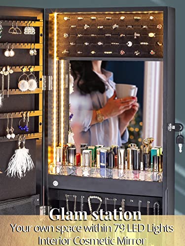 LUXFURNI Mirror Jewelry Cabinet 79 LED Lights Wall-Mount/Door-Hanging Armoire, Lockable Storage Organizer w/Drawers (White)