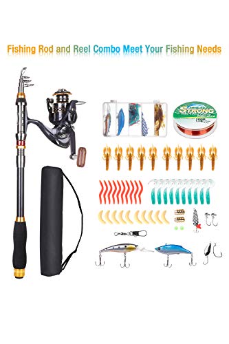 Fishing Rod and Reel Combo, Carbon Fiber Telescopic Fishing Pole with Spinning Reel, Fishing Line, Fishing Lures, Carrier Bag Travel Fishing Rods Kit Freshwater Saltwater Fishing Poles