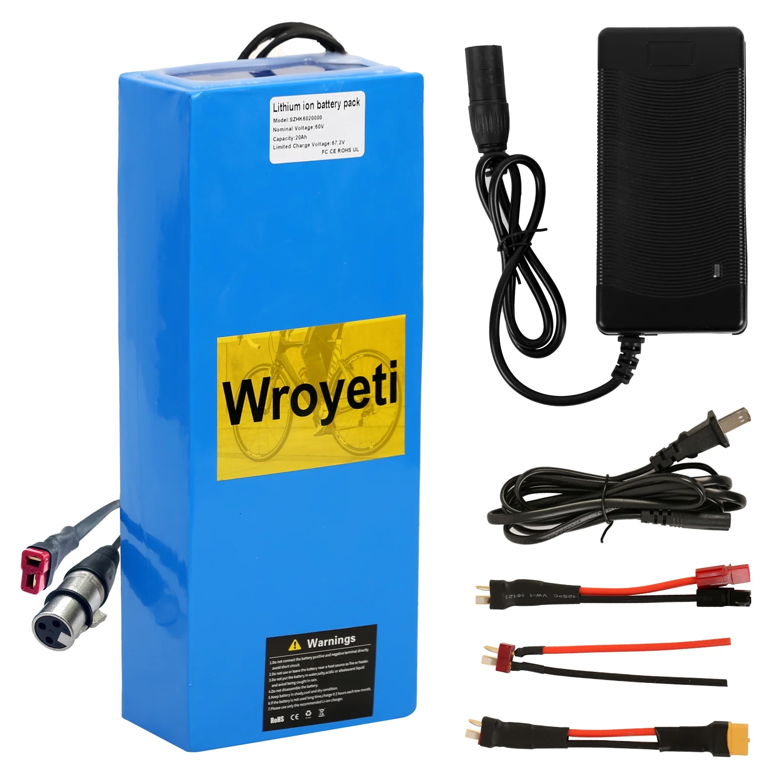 Electric Battery 60V 20Ah Electric Bike Lithium Ion Battery 60V Battery with 3A Charger, T-Plug Extension Cord, XT60 Connector for 200-1800W Electric Bicycles Motor