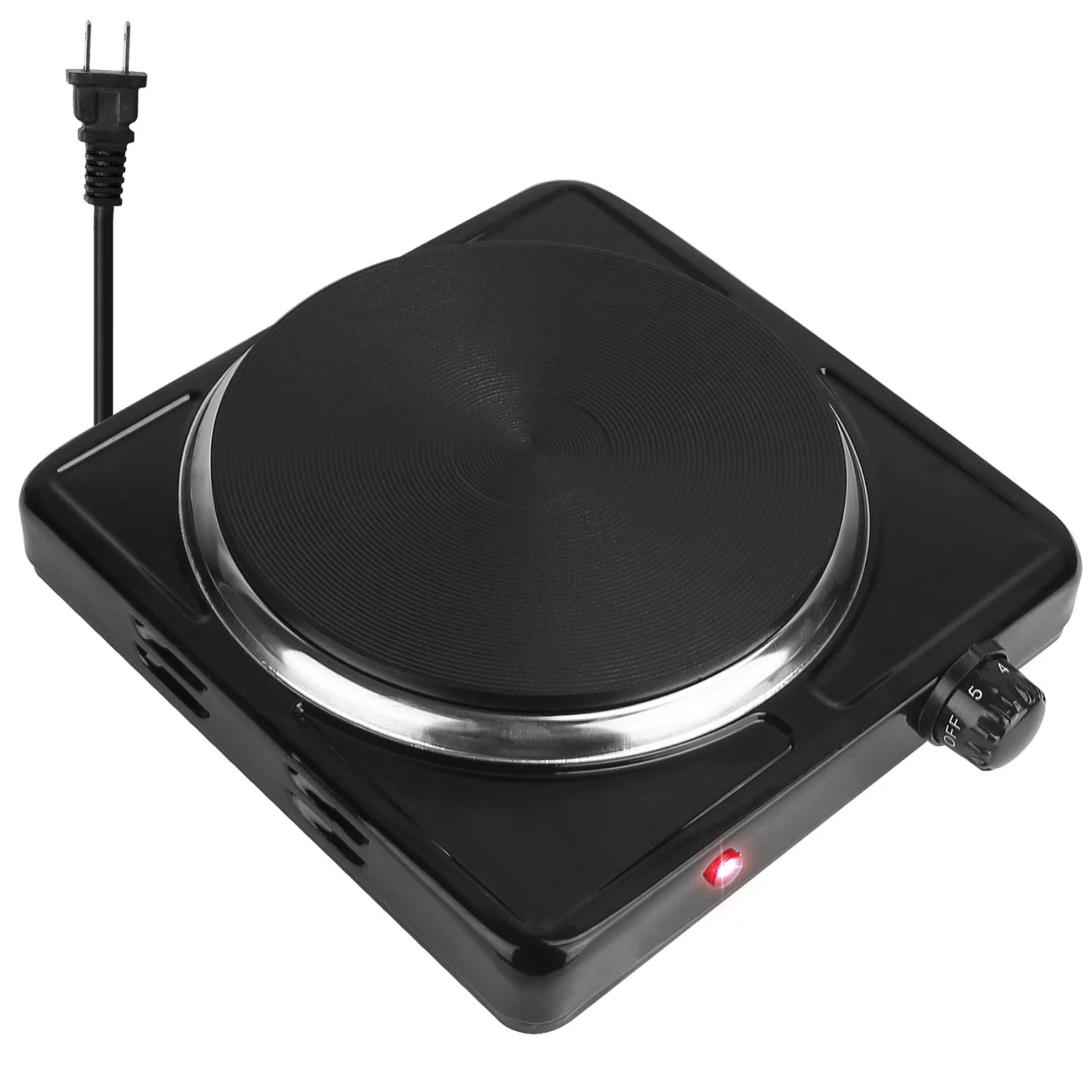 Electric Countertop Single Burner, iMounTEK 1500W Cooktop with Cast Iron Hot Plate, 5 Level Temperature Control, Easy to Clean Stainless Steel Base, with Non Slip Rubber, Black