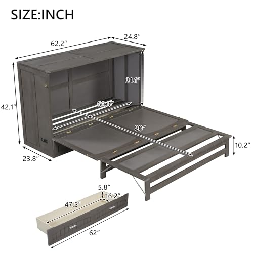 Ball & Cast Murphy Bed Queen Size Wall Chest with Built-in Charging Station and A Big Storage Drawer,Wood Hideaway Cabinet Platform Bedframe can be Folded,for Small Room,Dorms,Gray
