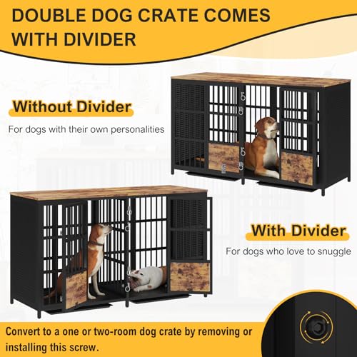 BOINN Large Dog Crate Furniture, 63 inch Heavy Duty Double Dog Crate with Divider, Extra Large Dog Kennel Furniture with Removable Trays for Medium Large Dogs