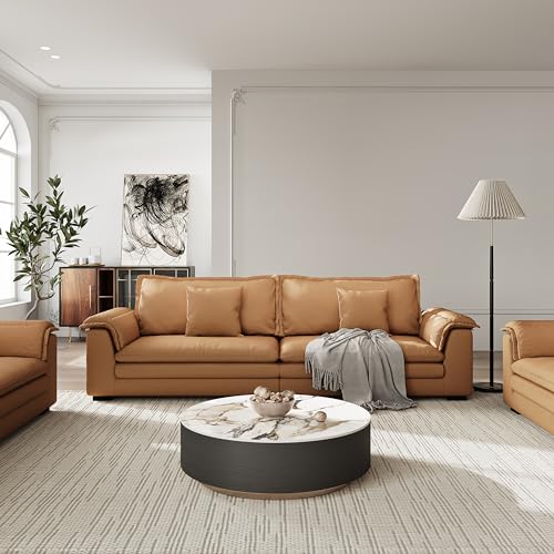 POVISON Modern Round Coffee Table with Storage, Sintered Stone Top Drum Coffee Table with Drawers, Oak Veneer, Circle Coffee Tables for Living Room, 35.43