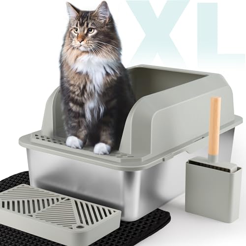 Stainless Steel Cat Litter Box with Lid, 75L Total Space Extra Large Cat Litter Box for Multiple Cats, Easy to Clean, Non-Sticky, Anti-Leakage, All Litter Can Use, Include Litter Scoop and Mat Grey