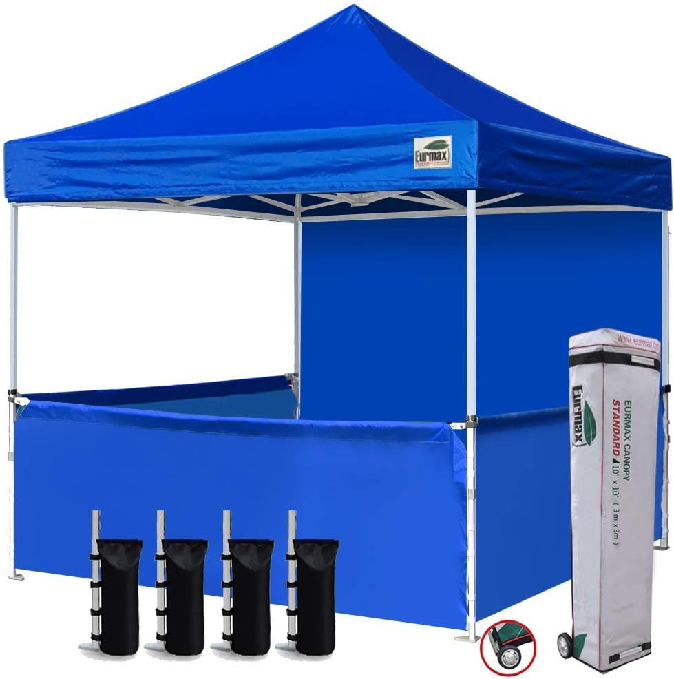 Eurmax USA 10'x10' Ez Pop-up Booth Canopy Tent Commercial Instant Canopies with 1 Full Sidewall & 3 Half Walls and Roller Bag, with 4 SandBags + 3 Cross-Bar (Grey)