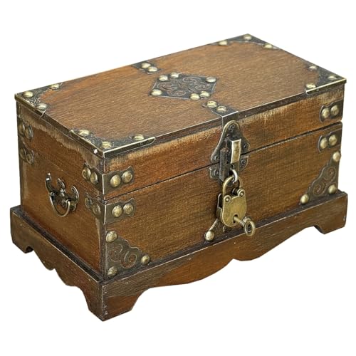 Treasure Chest Box With Lock, Wooden Storage Box Decorative Box Decorative Storage Box With Lids, Pirate Keepsake Box for Jewelry Trinkets Kids Gifts