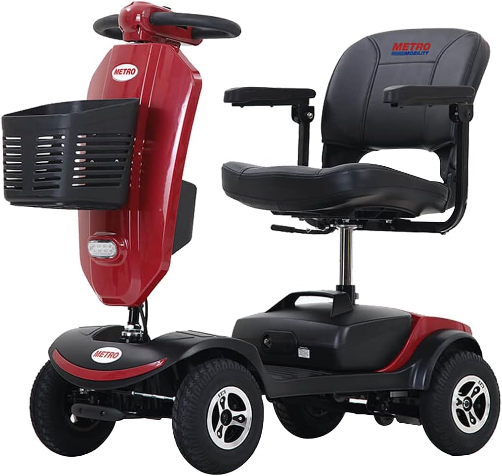 Metro Mobility 4 Wheel Powered Mobility Scooters for Seniors - 300 lbs Capacity Electric Scooter with Seat for Adults, Travel - Long Range Power Extended Battery & USB Charging Port - Red