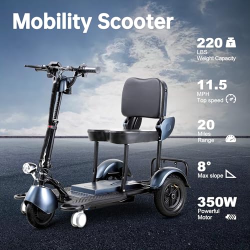 Powered Mobility Scooters Folding Blue 3-Wheel Mobility Scooter, 20 Miles Range, 11.5 Mph, 300W Electric for Adults & Elderly, with LED Headlights, Detachable Cooler Box, Charger Included