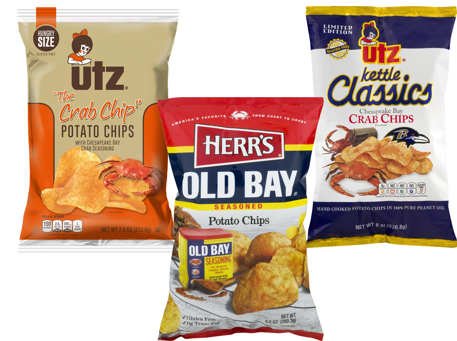 Old Bay Flavored Potato Chips, Hungry Size The Crab Chip & Kettle Classic Chesapeake Bay Crab Chip Variety 3-Pack