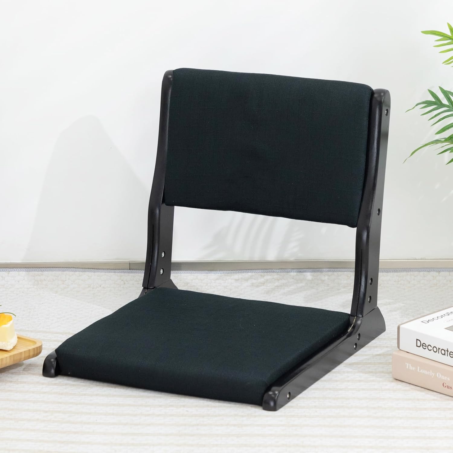 HollyHOME Foldable Tatami Chair, Upholstered Japanese Style Floor Chair, Wood Legless Back Rest Chair with Cushion, Accent Meditation Floor Seat for Bay Window, Living Room, Bedroom, Linen Black