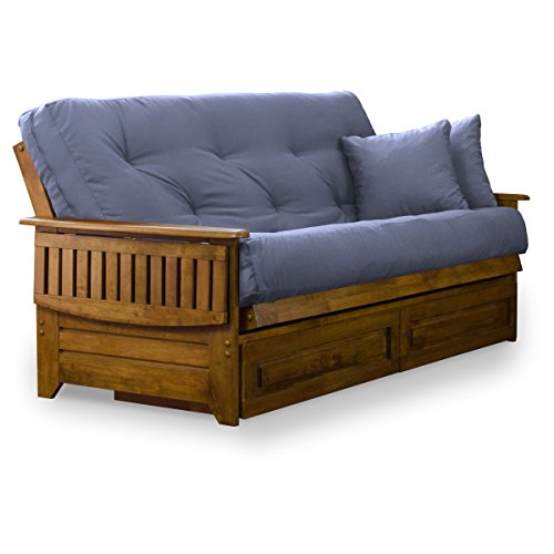 Brentwood Tray Arm Queen Size Wood Futon Frame and Storage Drawers - Heritage Finish