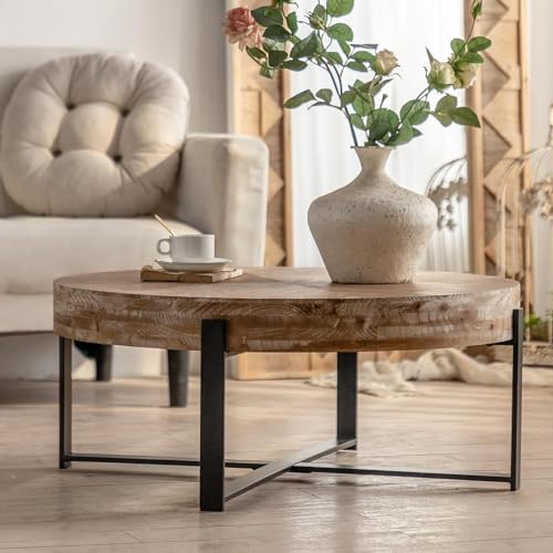 Antique Round Coffee Table Solid Wood Coffee Table, 31.29 inch Farmhouse Coffee Table with Cross Metal Base, Modern Cocktail Table Center Table for Living Room Coffee Table, Natural & Gold