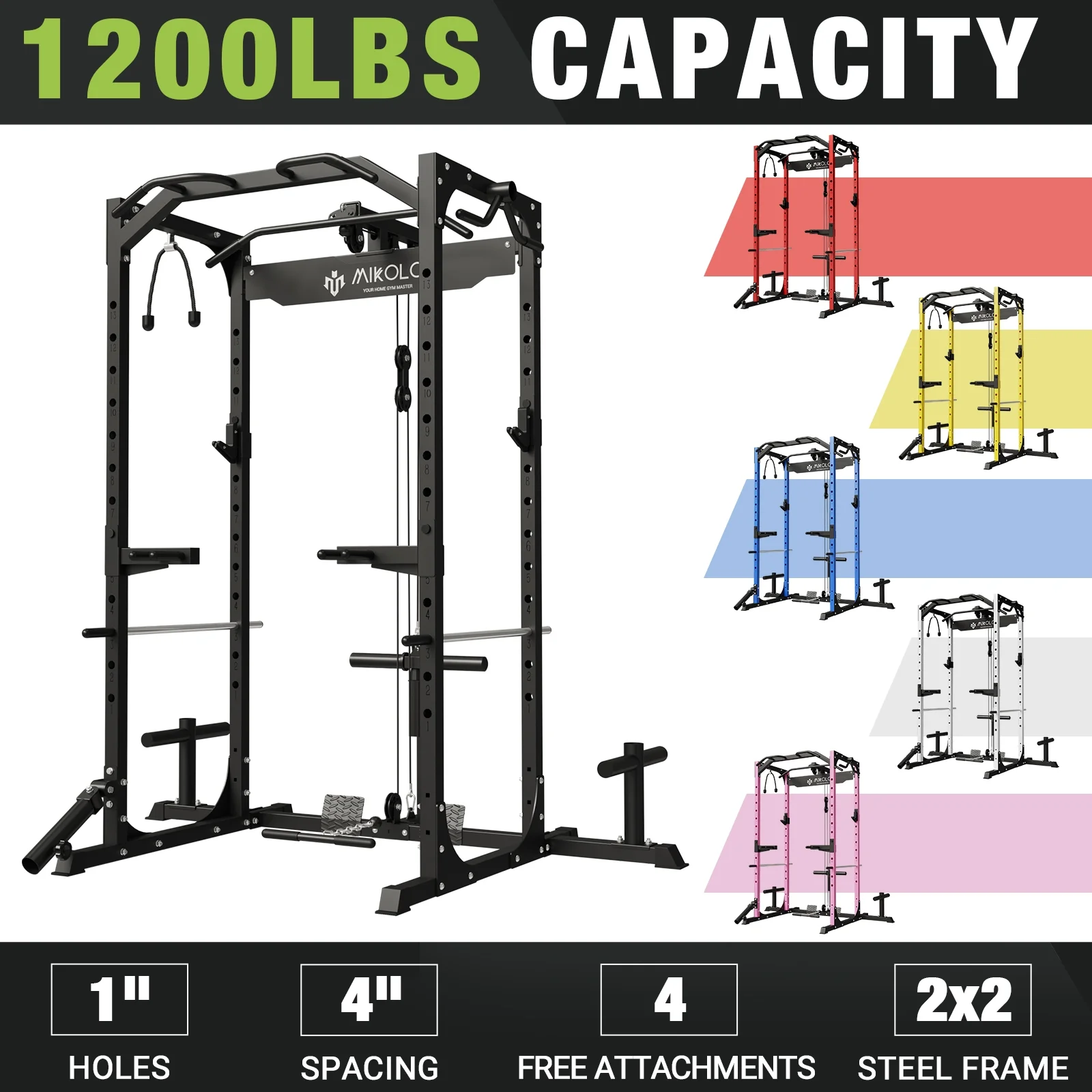 Mikolo Power Rack Cage with LAT Pulldown System,1200LBS Capacity Power Rack, Multi-Functional Squat Rack with 13-Level Adjustable Height and J-Hooks, Dip Bars, T-Bar, Squat Rack (Upgraded)