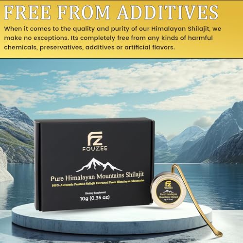 FOUZEE Pure Himalayan Mountains Shilajit - 77% + Fulvic Acid Authentic Hard Consistency, Natural Source of Fulvic Acid, Over 85 Trace Minerals, Includes Stainless Steel Spoon (10 Grams)