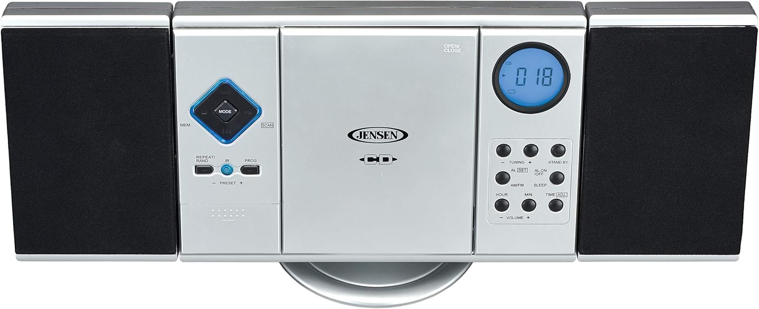 Jensen Modern Black Series JMC-180 Silver Wall Mountable Vertical Loading CD Music System, Digital AM/FM Stereo with Speakers, Aux-in, & Headphone Jack Remote Control (Silver) Pack of 2