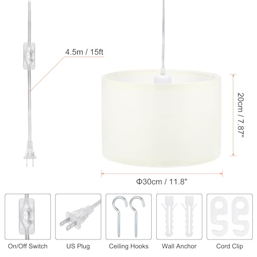 PATIKIL Plug in Pendant Light, 15Ft Rope Cord Hanging Lamp Fixture with ON/Off Switch, Fabric Shade E26/E27 Bulb Socket for Bedroom Kitchen Living Room, White