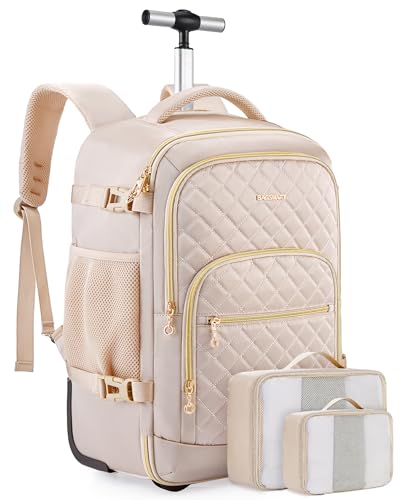 BAGSMART Rolling Backpack for Women, Travel Carry on Backpack with Wheels for Adults, 17 Inch Large Roller Backpack, Wheeled Backpack with Two Packing Cube, Black