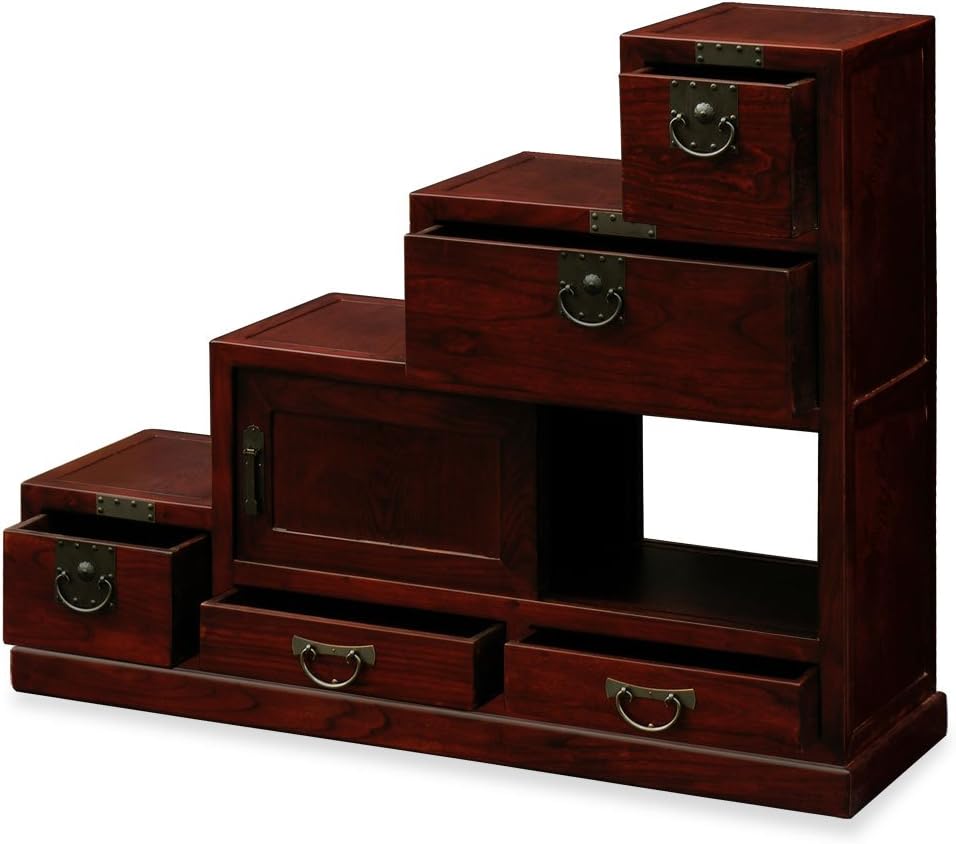 ChinaFurnitureOnline Hand Crafted japanese Style Elmwood Petite Step Tansu Chest - Dark Cherry