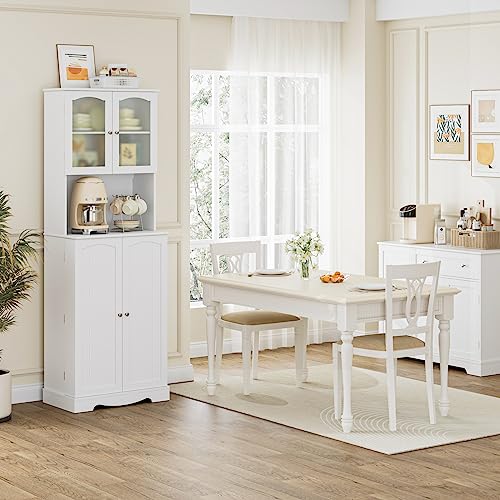 HOSTACK 71'' Pantry Cabinet, Tall Storage Cabinet with Microwave Stand, Freestanding Kitchen Hutch with Doors and Adjustable Shelves, Mordern Food Pantry for Kitchen, Dining Room, White