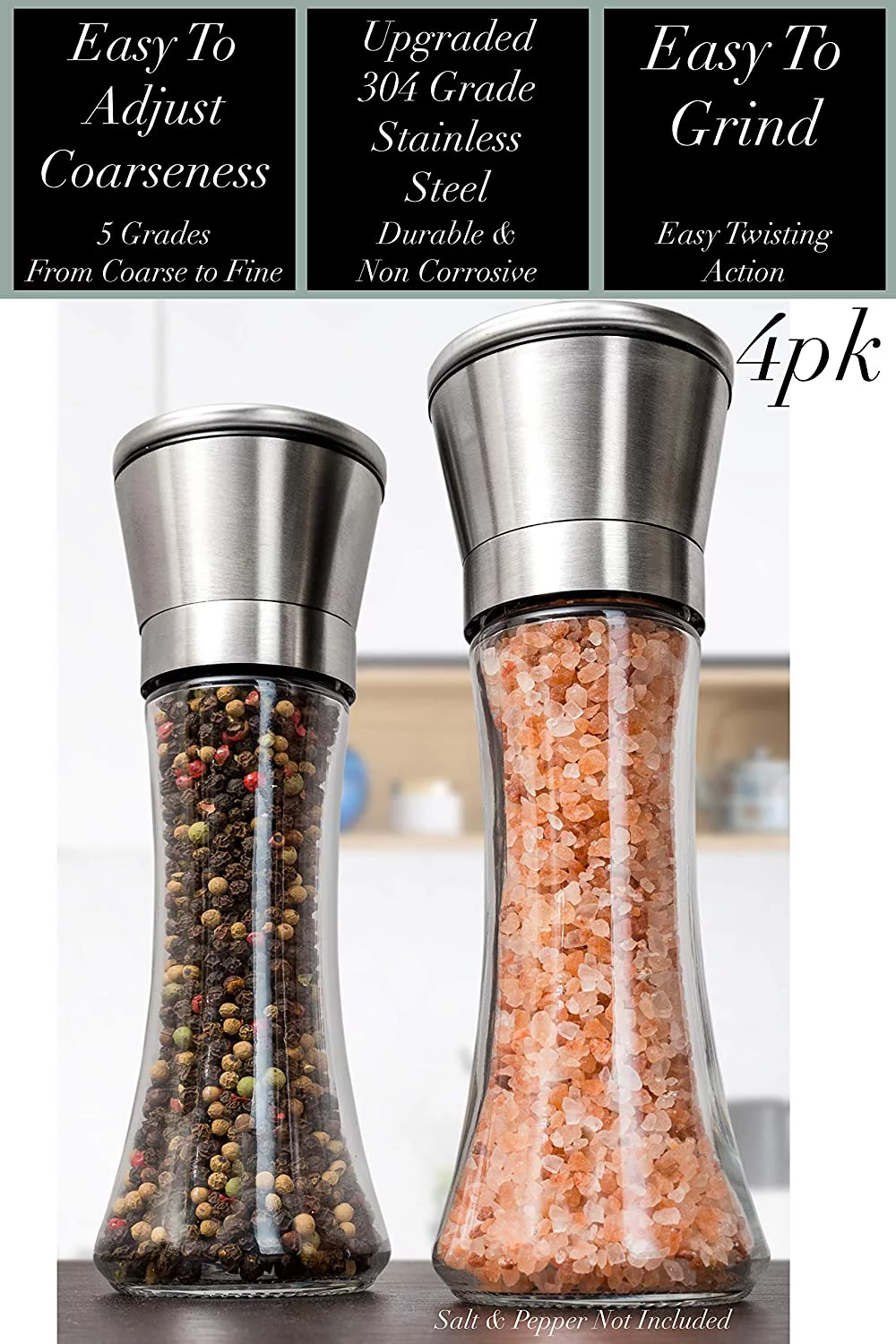 HOME EC Original Stainless Steel Salt and Pepper Grinder Set - Adjustable Ceramic Sea Salt Grinder & Pepper Grinder - Tall Glass Salt and Pepper Shakers - Pepper Mill & Salt Mill (Clear Glass, 4pk)
