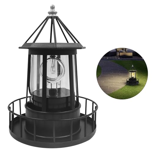 LED Solar Powered Lighthouse, 360 Degree Rotating Solar Lighthouse Outdoor, IP65 Waterproof Solar Lighthouse Garden Courtyards Lamps for Patio Garden Courtyards Lawns Decor Pathway（Black）